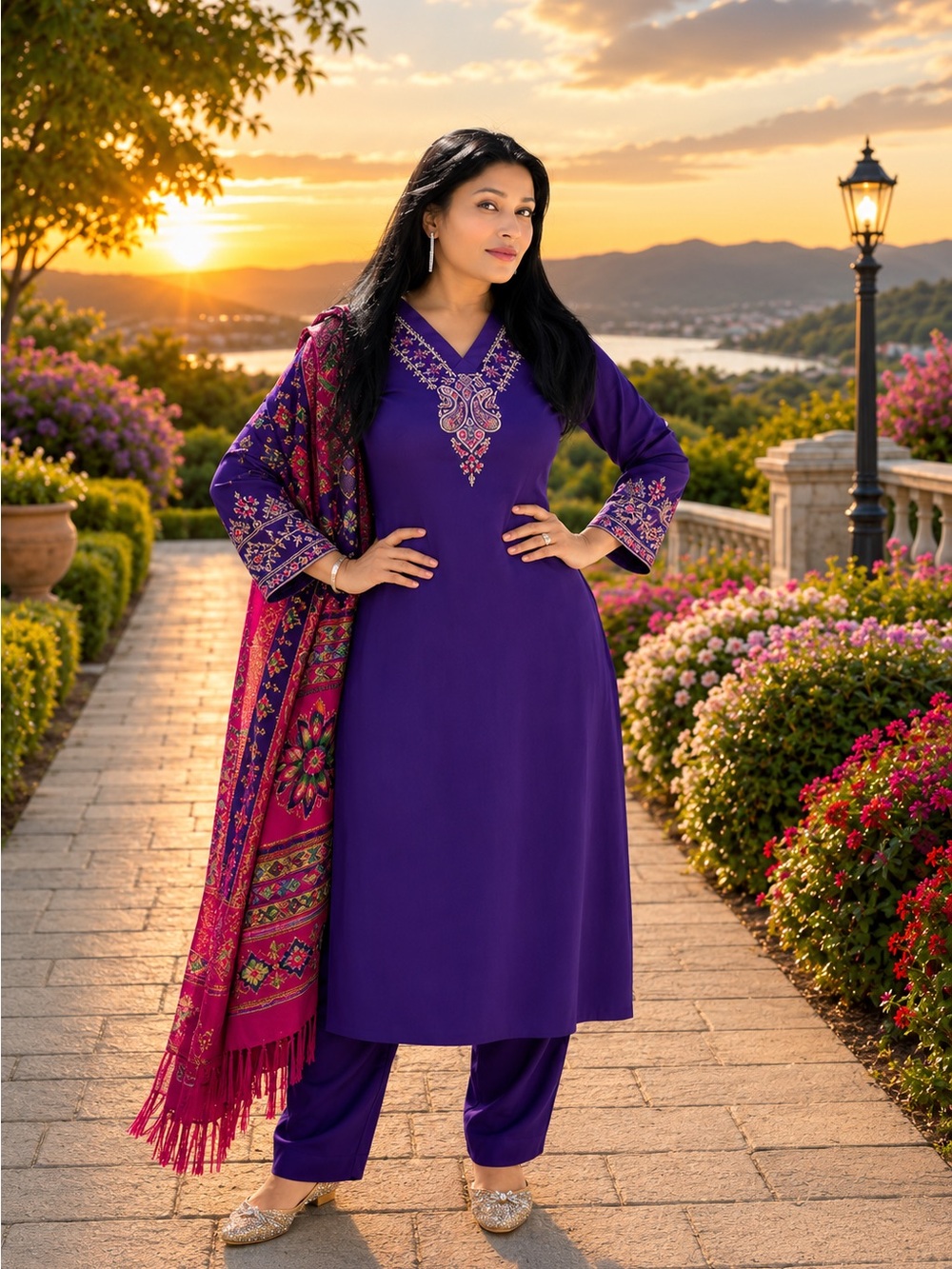 Pakistani/ Indian Purple and Red Women's cotton embroidered salwar suit